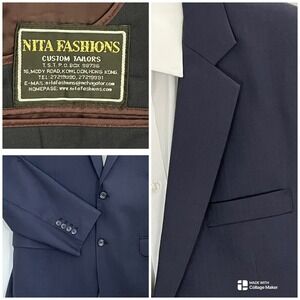 Nita Fashions Bespoke Navy Wool Blazer 44R Pinstripe‎ Tailored Surgeon Cuffs